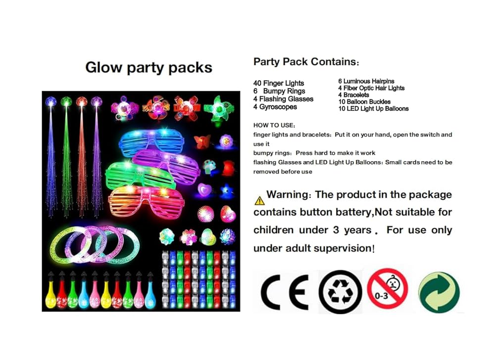 Wesimplelife Glow Flashing Toys LED Light Up Toys Party Pack 60PCS Flashing Finger Lights, Shades Glasses, Rings Toy Party Favours Prizes Festival Party Supplies For Children