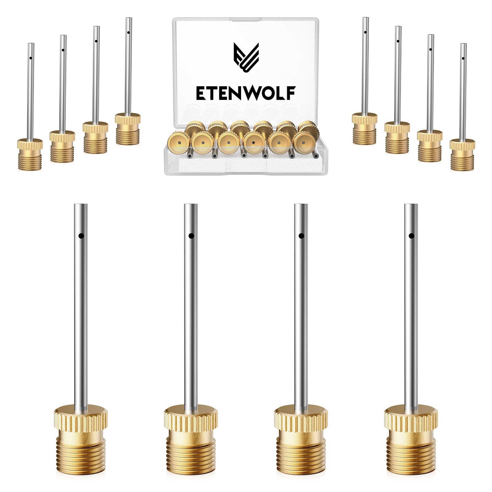 ETENWOLF 12 Pack Brass Ball Pump Needles, No Break Heavy Duty Air Pump Needles for Balls with Storage Case, Compatible with Hand Pump and Electric Pump, Stainless Steel Body