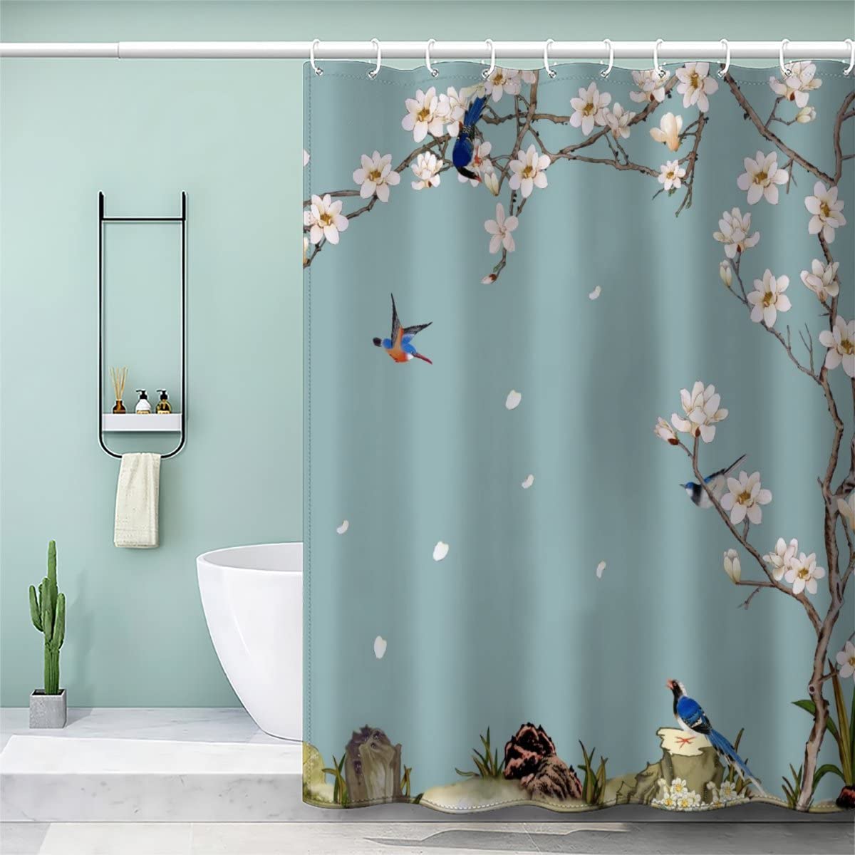 VASENA Flowers Bird Shower Curtain Mould Proof Resistant Waterproof Polyester 3D Printed Branches Blue Bath Curtains for Shower with 12 Hooks Art Deco 180x200 cm
