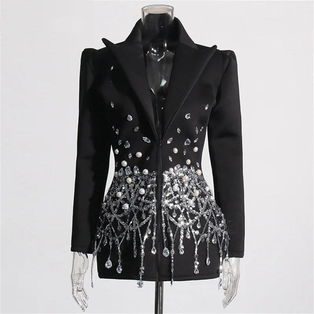 Women Sexy Blazer Dress Spring Fall Turn Down Collar Long Sleeve Sequin Rhinestones Party Jacket