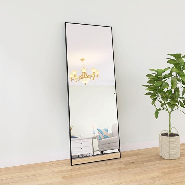 FANYUSHOW Full Length Floor Mirror 140x40cm, Black Full Body Mirror for Bedroom, Standing Hanging or Leaning Against Wall, Wall-Mounted Mirror Metal Thin Frame