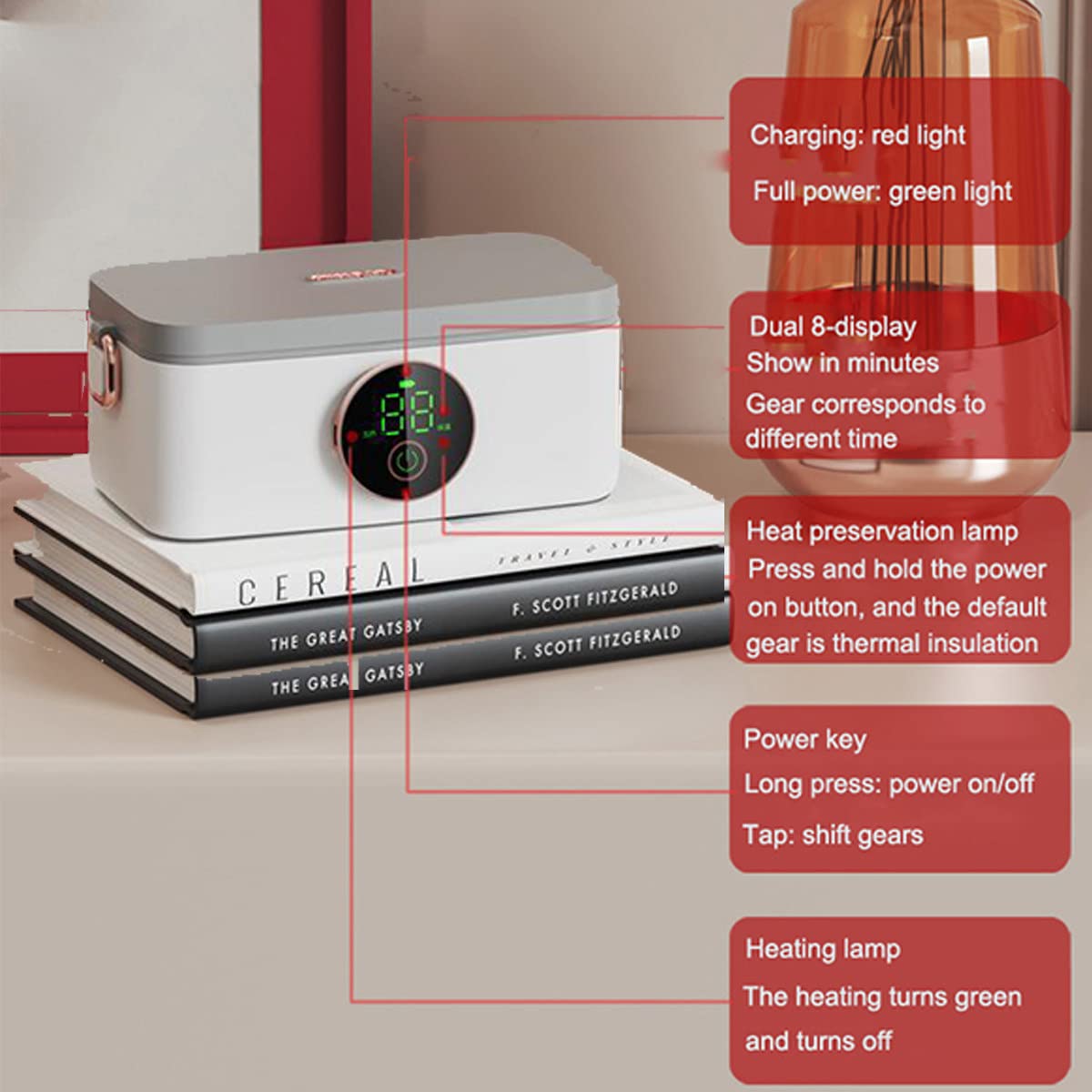 Fiambrera térmica para comida caliente, fiambrera inalámbrica con batería de 16000Mah, 6 engranajes Ajuste opcional Capacidad de 1000 ml Fácil de limpiar para adultos Niños Trabajo Oficina en el hogar