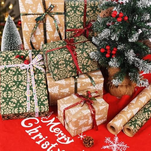 AhfuLife 2 Rollen Geschenkpapier Weihnachten, 43cm x 15m Weihnachtspapier Set, Nature Kraftpapier Weihnachtsgeschenkpapier für Weihnachten Papier Xmas Geburtstag Geschenk Verpackung