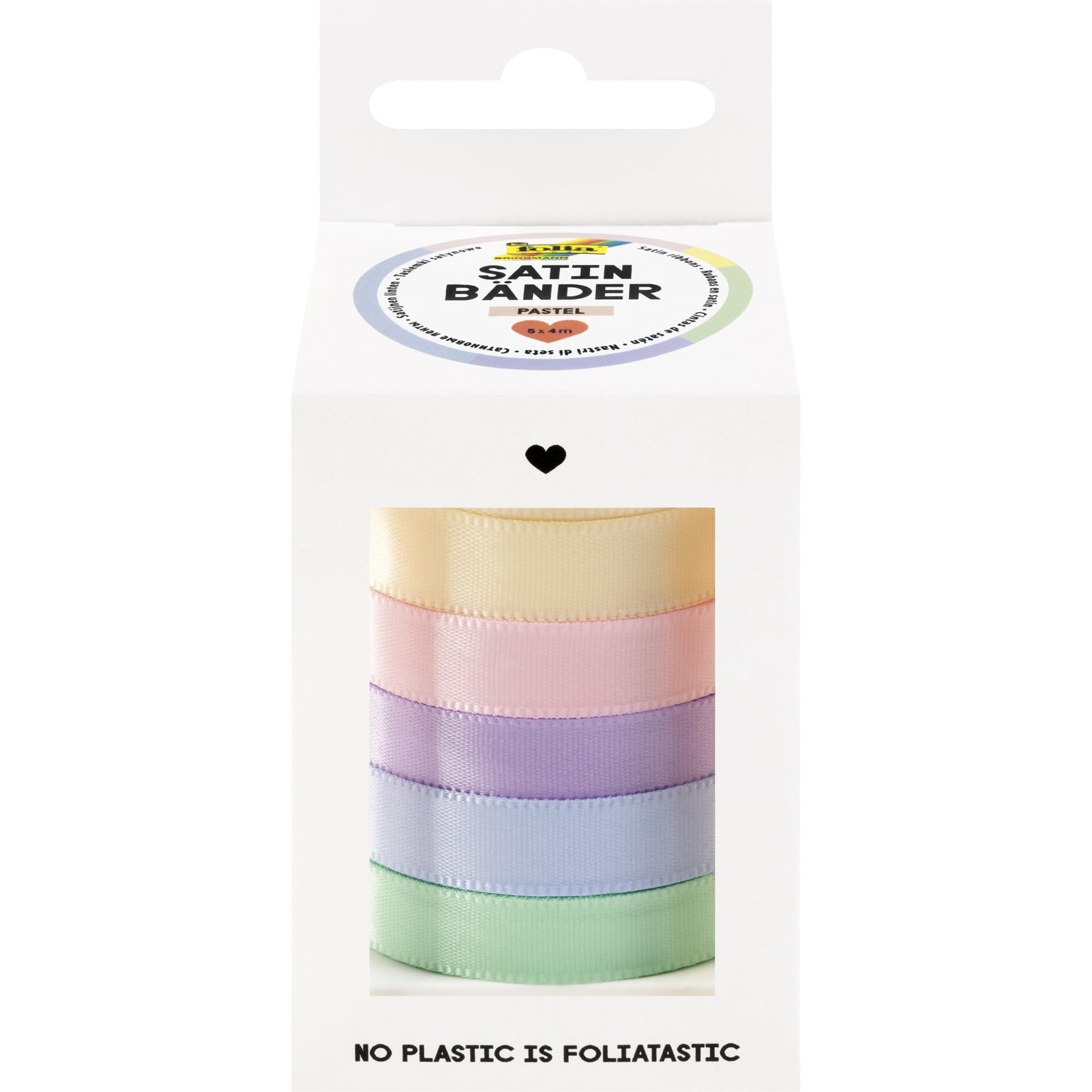 folia 12133 12133 Satin Ribbons Pastel 5 x 4 m, Satin Ribbon Mix in Pastel Colours, Decorative Ribbon or Gift Ribbon, Multicoloured