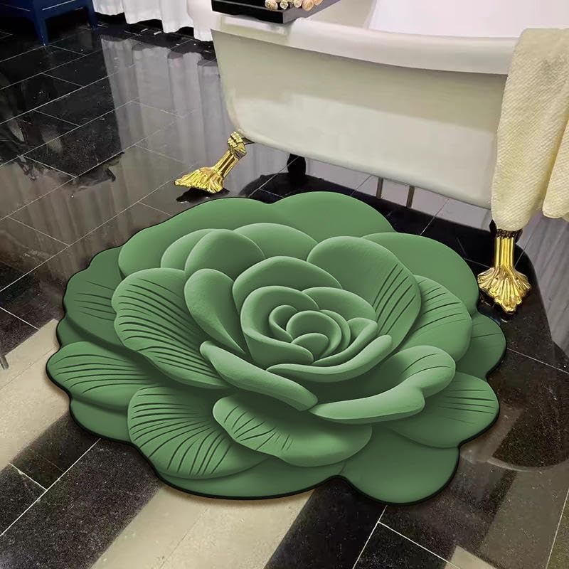 Bath Mat Green 5D Rose Flower Shaped Soft Ultra Absorbent Anti-Slip Skid Resistant Floor Rug for Bathroom Bedroom Living Room Balcony Home Hotel 60×60 cm 4 mm