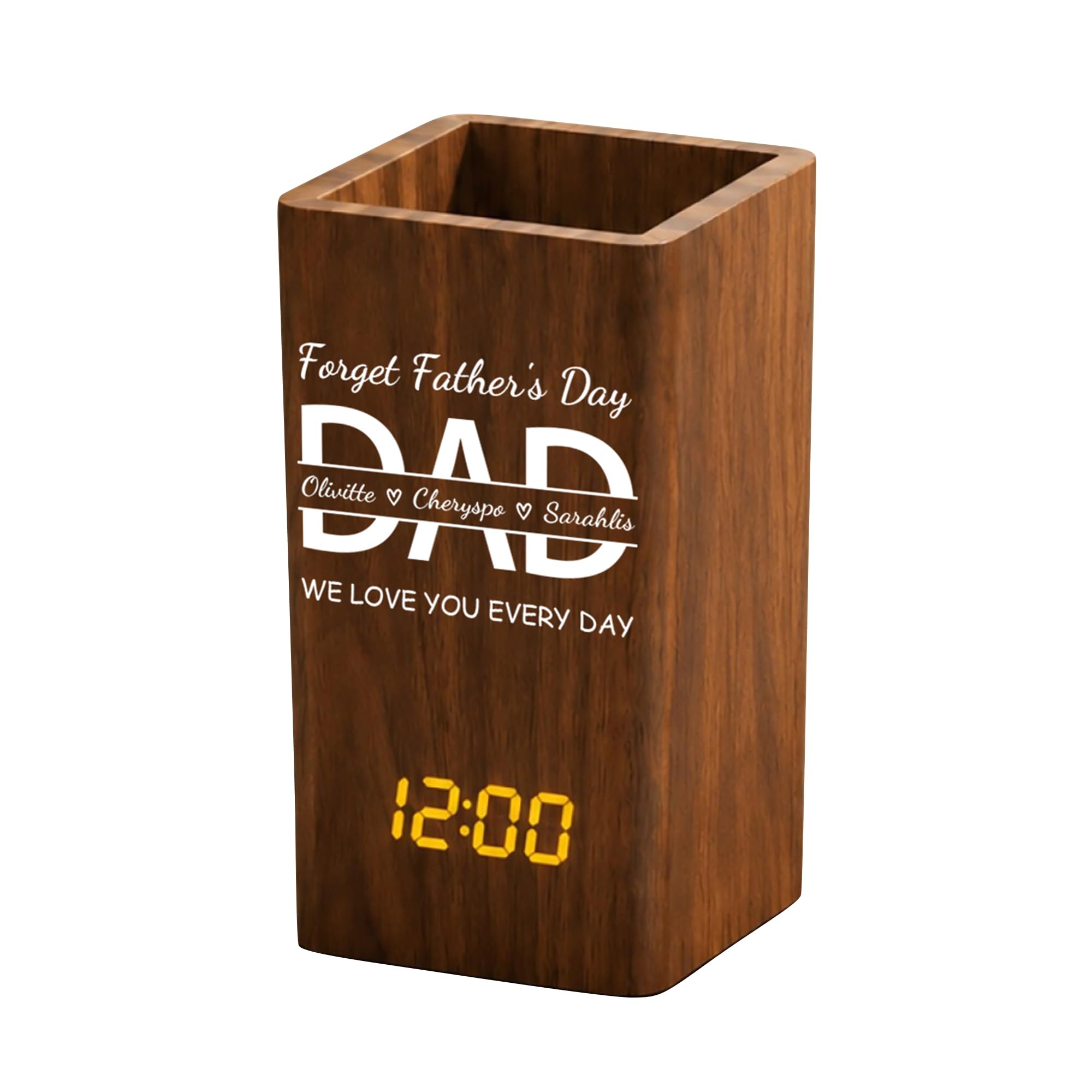 BFHEFGSUU Personalised Forget Fathers Day Pencil Pot With Clock Custom 1-10 Names Funny Clock Pen Holder Desktop Decor Gift Dad Couple Family Father'S Day Birthday Xmas (S 16)
