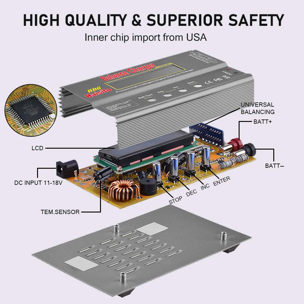 Haisito Cargador de Equilibrio de 80W 6A para Batería LiPo/Li-Ion/Life (1-6S), NiMH/NiCd (1-15S) - Descargador RC Hobby con Adaptador de CA