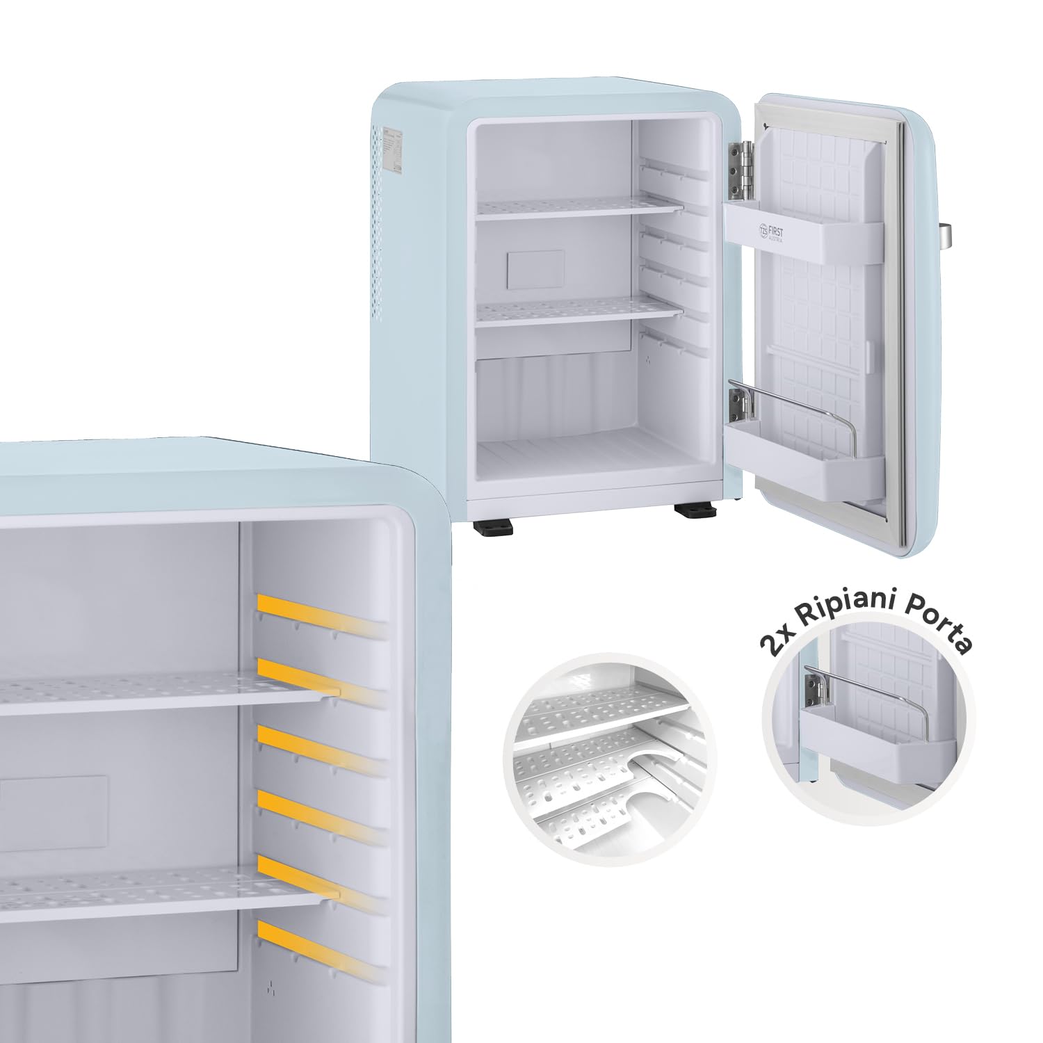 TZS First Austria Minilodówka 40 l | całkowicie bezgłośna | design retro | regulator temperatury | oświetlenie LED | 2 półki na drzwi + 6 elastycznych półek wkładanych