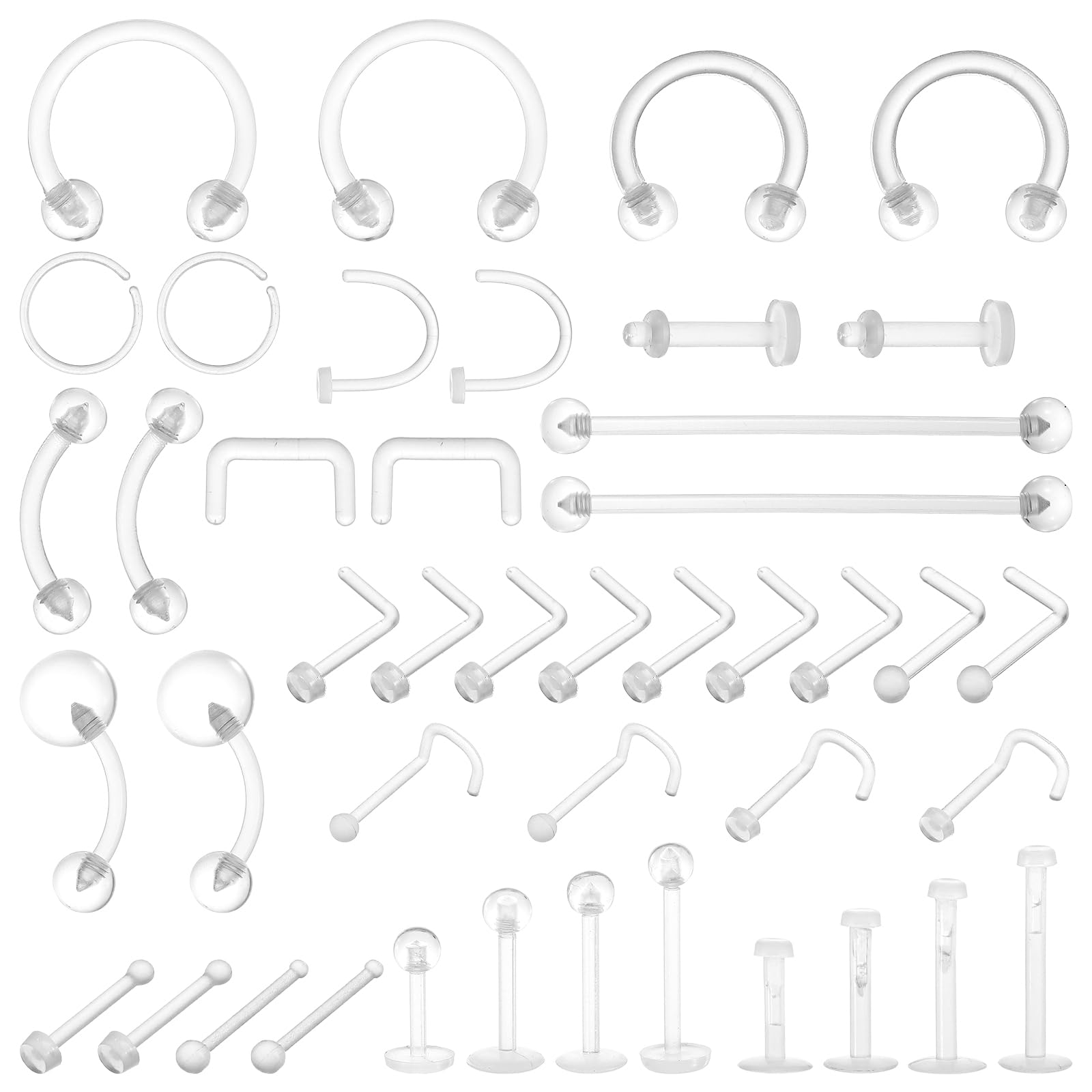 Telooco 43 szt. kolczyków do piercingu, przezroczyste plastikowe kolczyki do nosa, kolczyki do chrząstki przegrody nosowej, brwi, wargi, tragus, biżuteria dla mężczyzn i kobiet