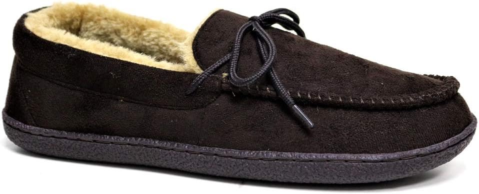MENS MOCCASINS SLIPPERS LOAFERS FAUX SUEDE SHEEPSKIN FUR LINED WINTER SHOES SIZE (UK MENS SIZE 10, Brown)