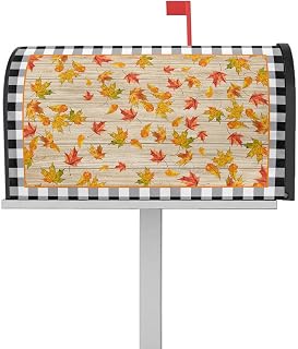 Mailbox Cover Magnetic Fall Thanksgiving Maple Leaf Watercolor Orange Foliage Mailbox Covers Standard Size 21x18in,Mailbox Covers Wrap Post Letter Box Cover for Garden Yard Black Plaid Vintage Plank