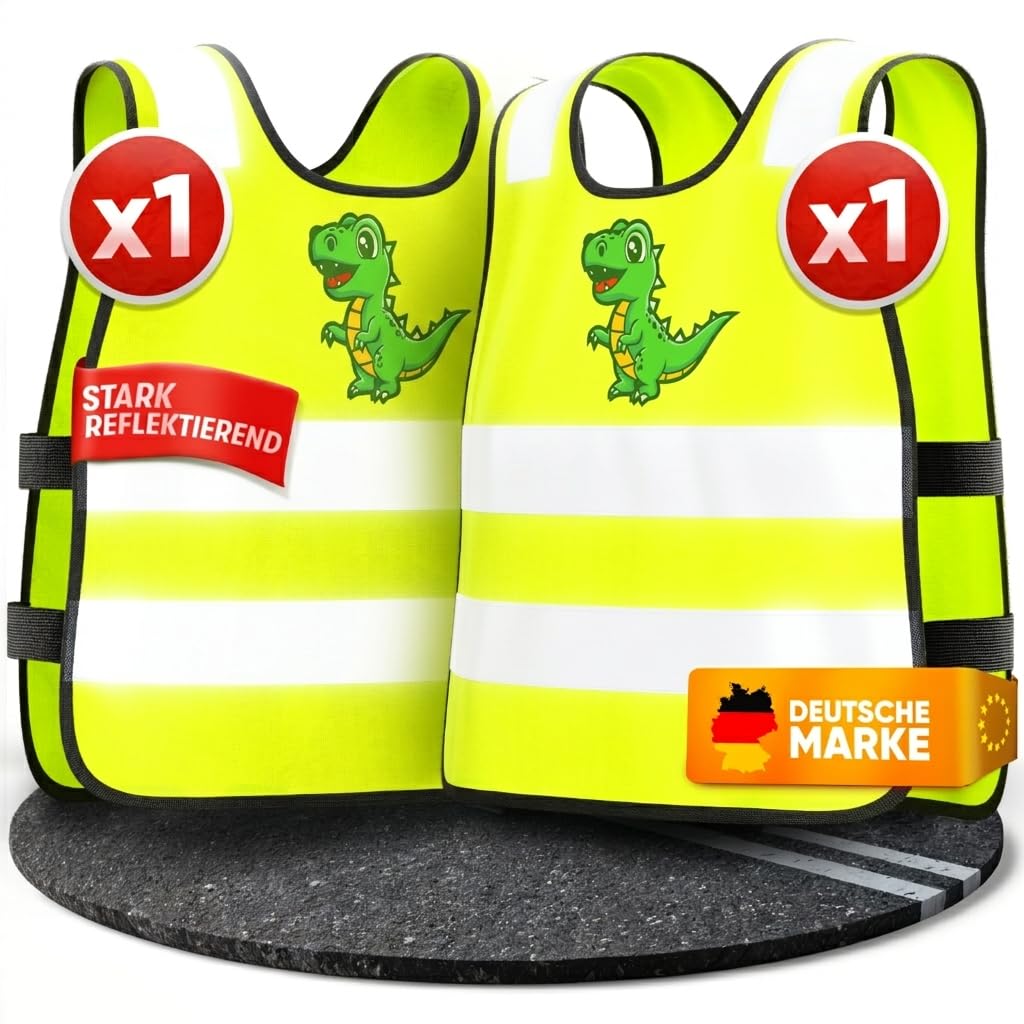 PURAHELP® Warnweste Kinder (3-12 Jahre) Sicherheitsweste [2 Stück - Dino] für den Schulweg, Fahrrad, Kindergarten - Reflektierende Warnweste Gelb