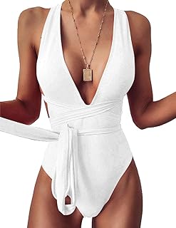 KBREAUR Women's Plunge V Neck Crisscross Back High Cut Thong Bikini One Piece Swimsuit Swimwear