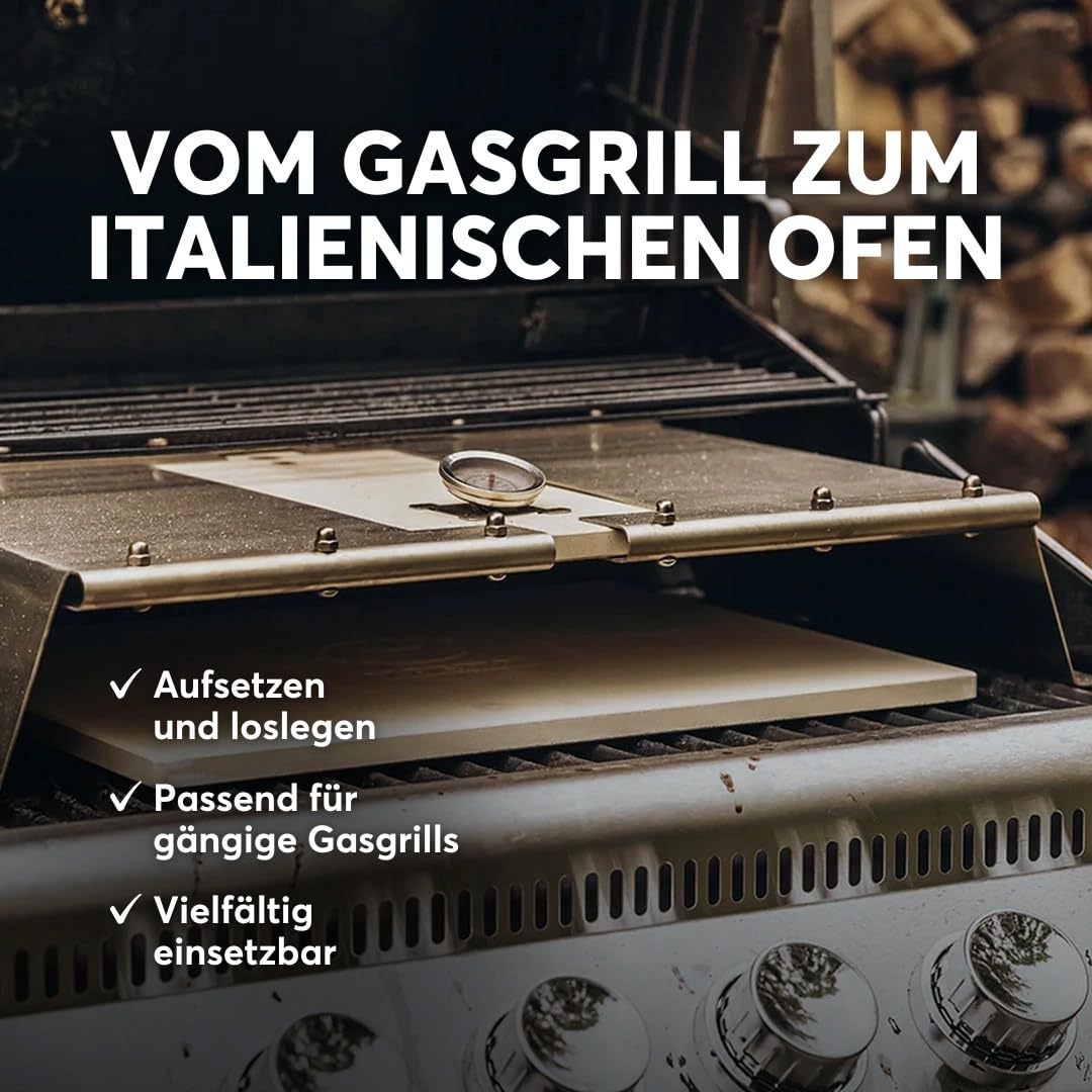 Griglia a gas Moesta-BBQ PizzaCover Flex in acciaio inox con tetto a codierite regolabile 600-900 mm