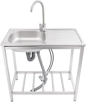 Freestanding Stainless Steel Outdoor Sink with Workstation, Heavy-Duty Single Kitchen Bowl with Hot & Cold Faucet, Utility Sink for Garage, Laundry, Patio 29.5"x15.7"x29.5"