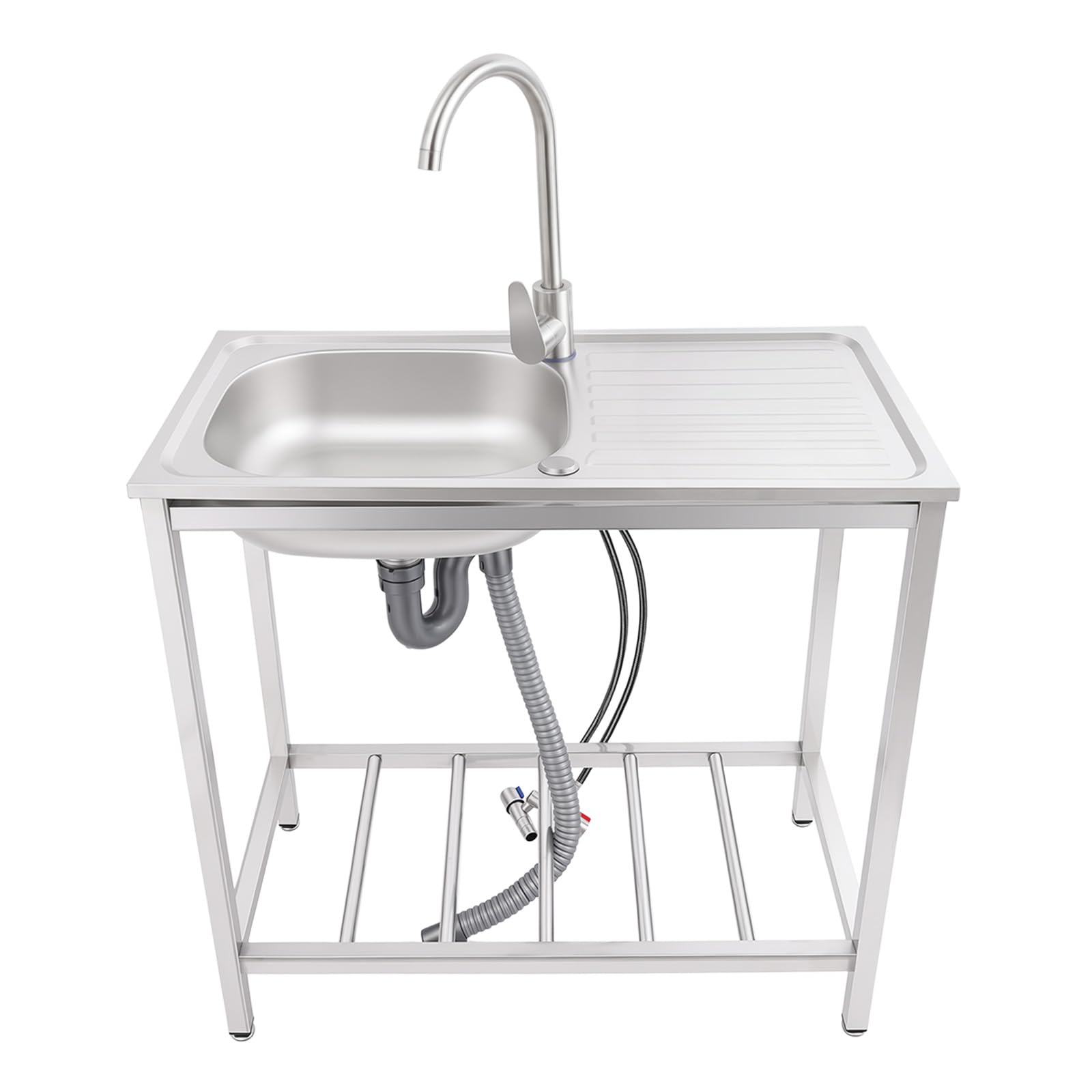 Freistehende Edelstahl Spüle 75 cm mit Wasserhahn & Ablage, Silber