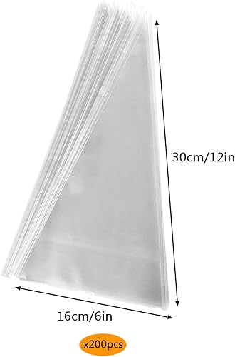 XIPEGPA 200 bolsas transparentes de conos de celofán, bolsas triangulares de plástico con 200 lazos giratorios, 5 colores mezclados para regalo,
