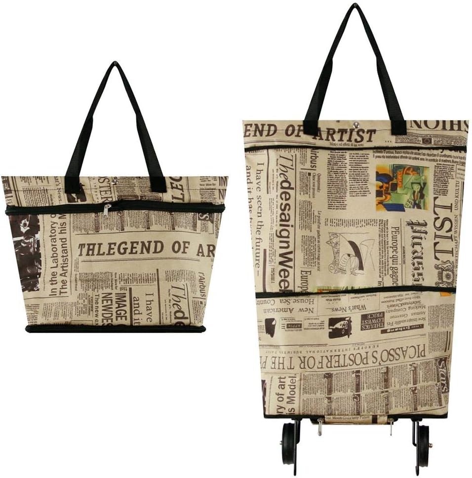 Foldable Shopping Bag with Wheels, Collapsible Trolley Bag on Wheels for Women, Reusable Shopping Trolley Dolly, Hard Wearing & Foldaway for Easy Storage #7747(Newspaper)