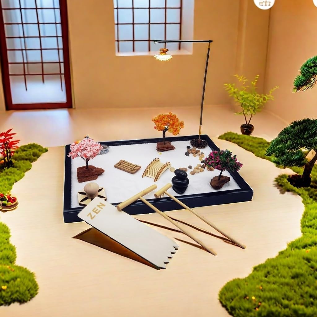 eSaturn Zen Garden Kit with 12 * 8 inch Sand Tray, Japanese Zen Garden for Desk with 3 Essential Bamboo Tools and Accessories, Meditation, Therapy Kit for Men Or Women Relaxation at Home or Office