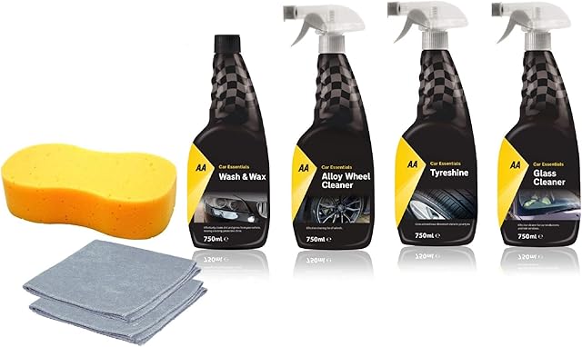 AA Car Essentials cleaning kit 4 x 750ml includes large Jumbo Sponge, 2 x Microfibre cloths, Wash Wax Shampoo, Alloy wheel cleaner, Tyreshine and Glass cleaner