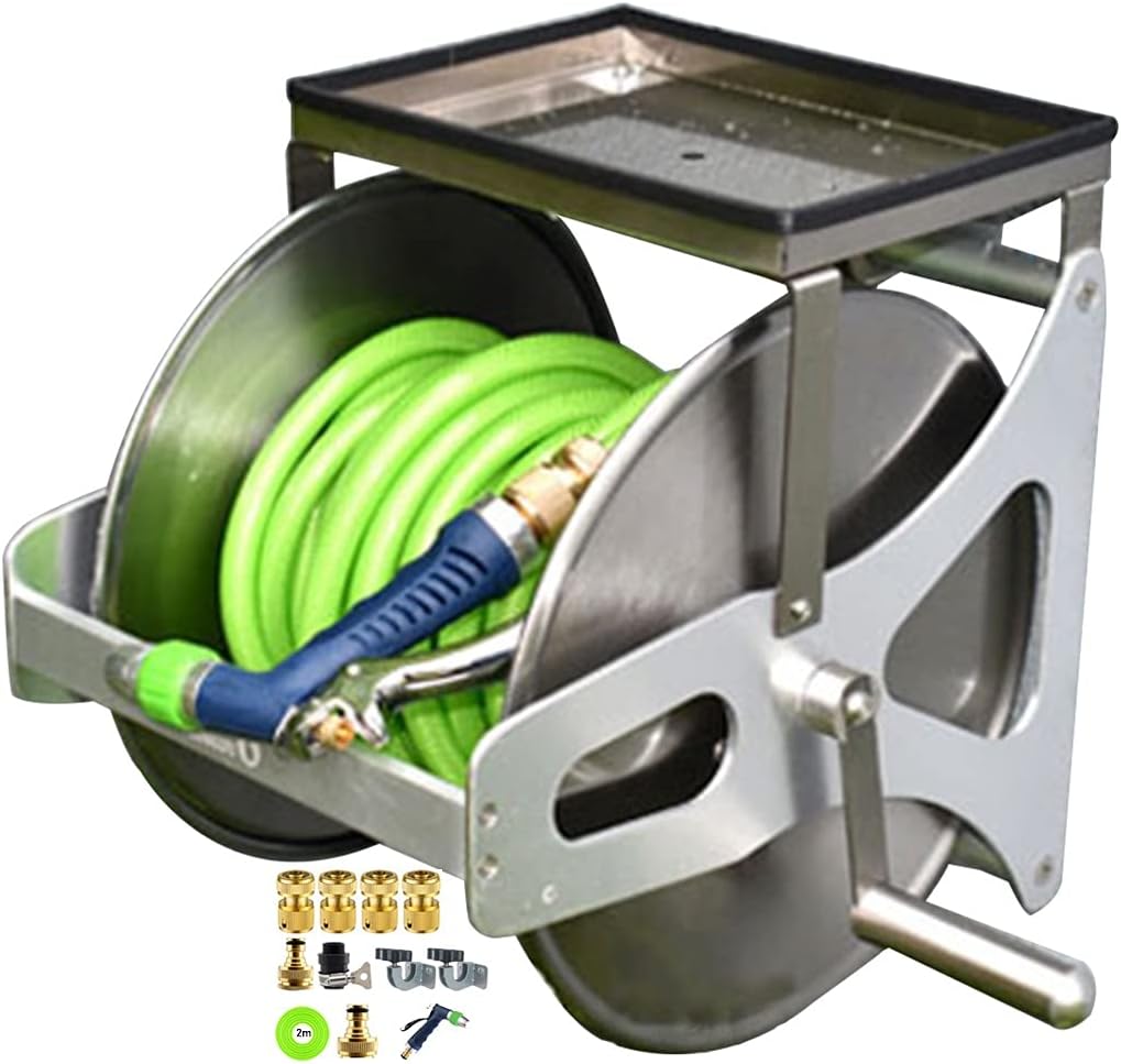 Garden Hose Reel Cart with Hose Wall-Mounted Hose Cart with Storage Table Household Small Portable Water Pipe High Pressure Water Gun Storage Rack Garden Hose Truck (Silver +DN15 30m Green Pipe)
