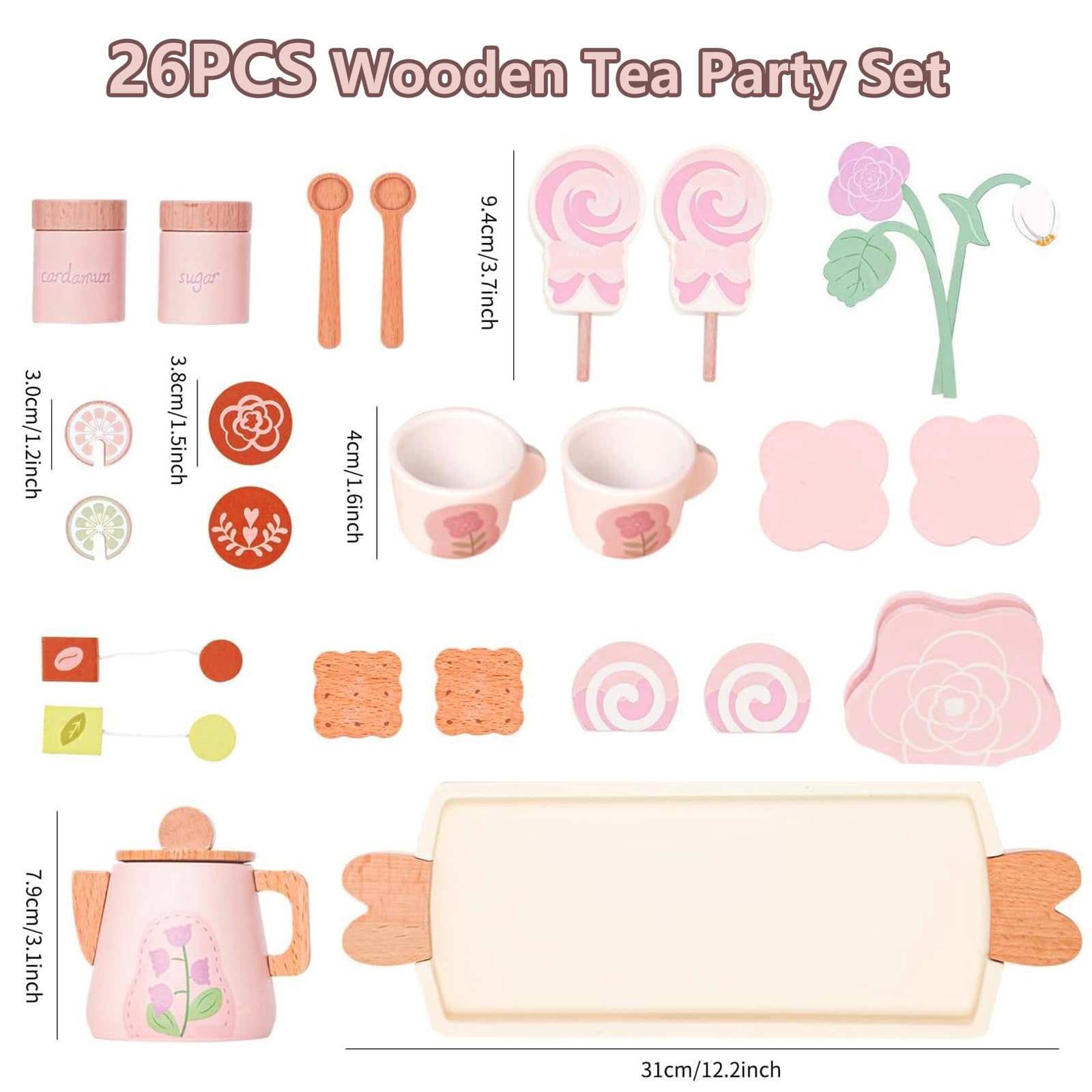 Service à Thé et à Dessert pour Fête de Filles 24PCS, Dinette Enfant en Bois Jouet Fille 3 4 5 Ans Accessoire Cuisine Tout-Petits Bois Jeux de Rôle de Tea Party Cadeau Rose