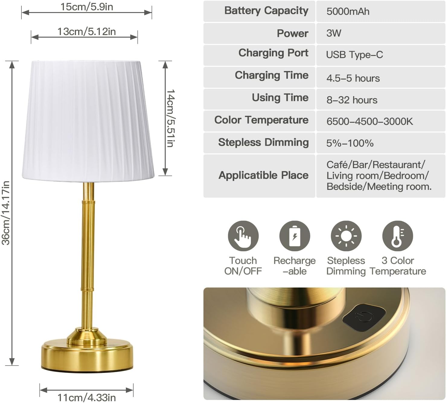 Neoglint Cordless Table Lamp Rechargeable Gold, 5000mAh Battery Powered Desk Lamp with Fabric Shade, Stepless Dimmable 3 Color Modes, Portable Small Bedside Nightstand Lamp for Bedroom Living Room