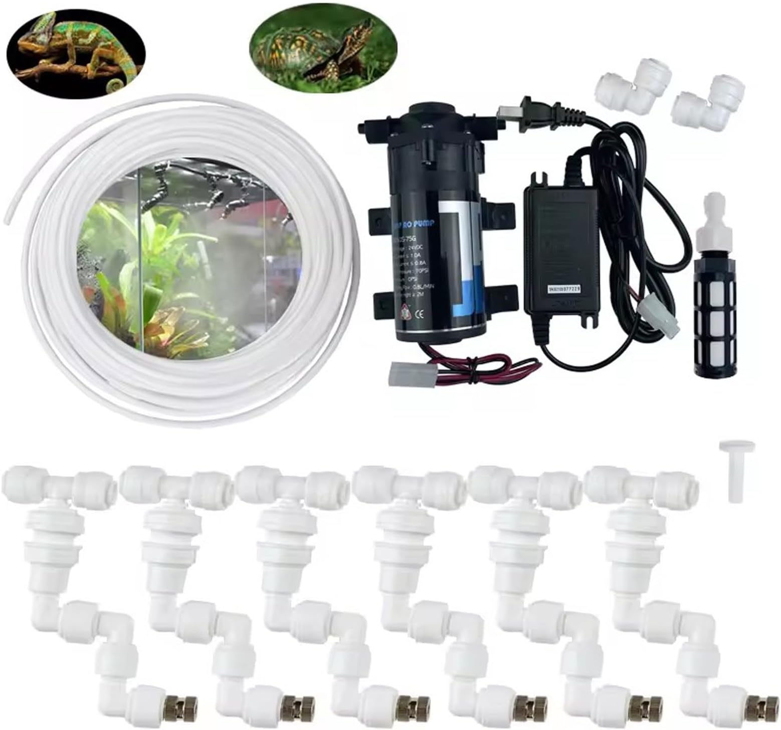 Reptile Misting Cooling System with Pump, Misting System, Automatic Drip Irrigation Kit, Misting Kit with Nozzles (Colour: White)