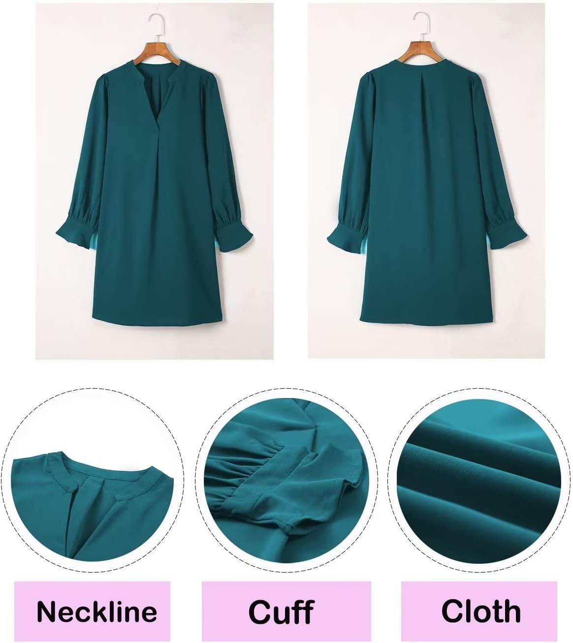 Wkior Elegant Dresses for Women V Neck Long Sleeves Casual Solid Color Dress Indigo XL - Image 6