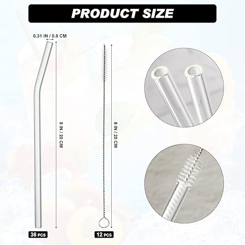 Miniatura 2 de Hosuly 36 popotes de vidrio curvo reutilizables con 12 cepillos de limpieza de 0.315 x 0.315 in, popote de vidrio doblado transparente para beber,