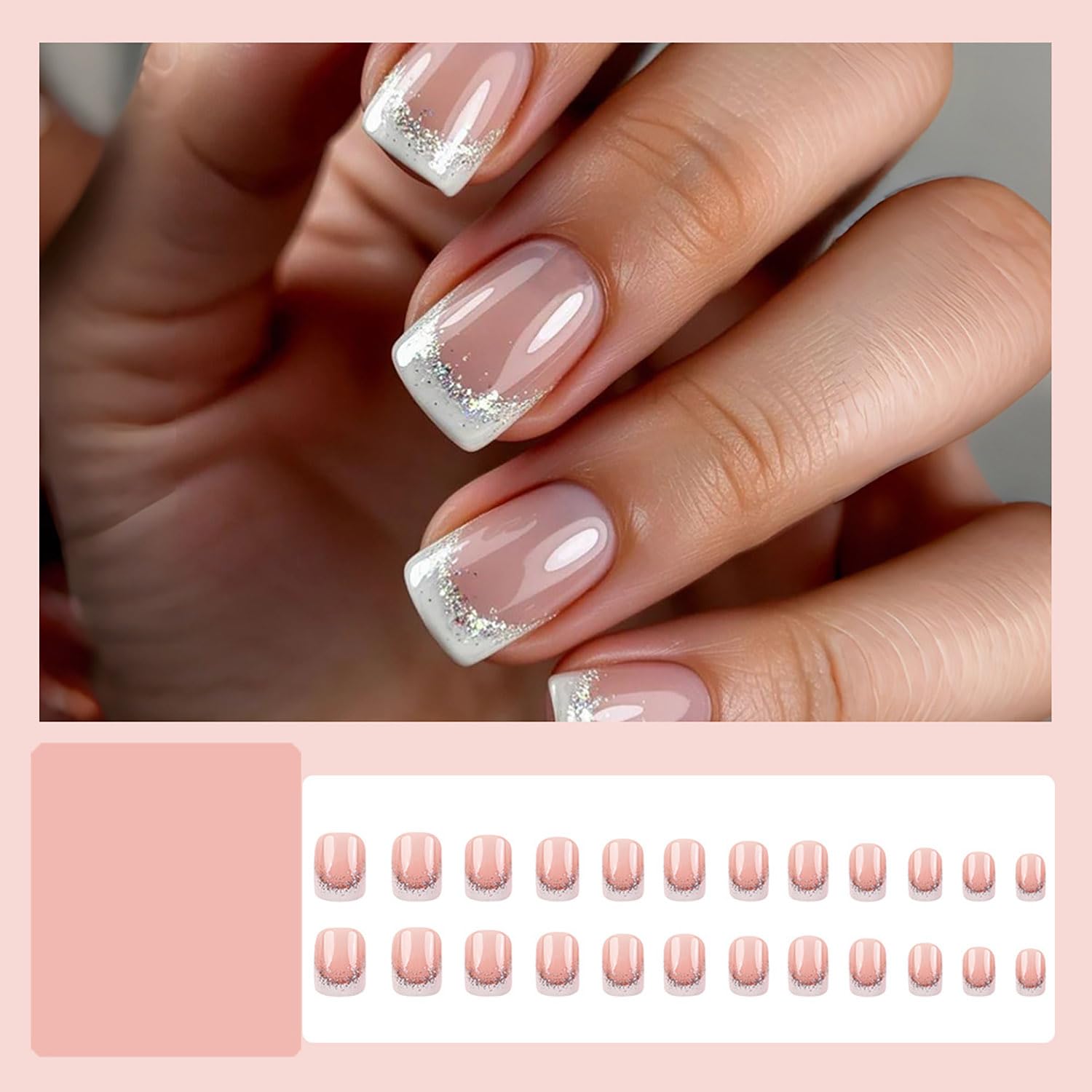 French Tip Press On Nails Short Square Fake Nails With Silver Glitter Design Pink Glossy Acrylic Nails Press Ons Full Cover False Nails Reusable Glue On Nails For Women