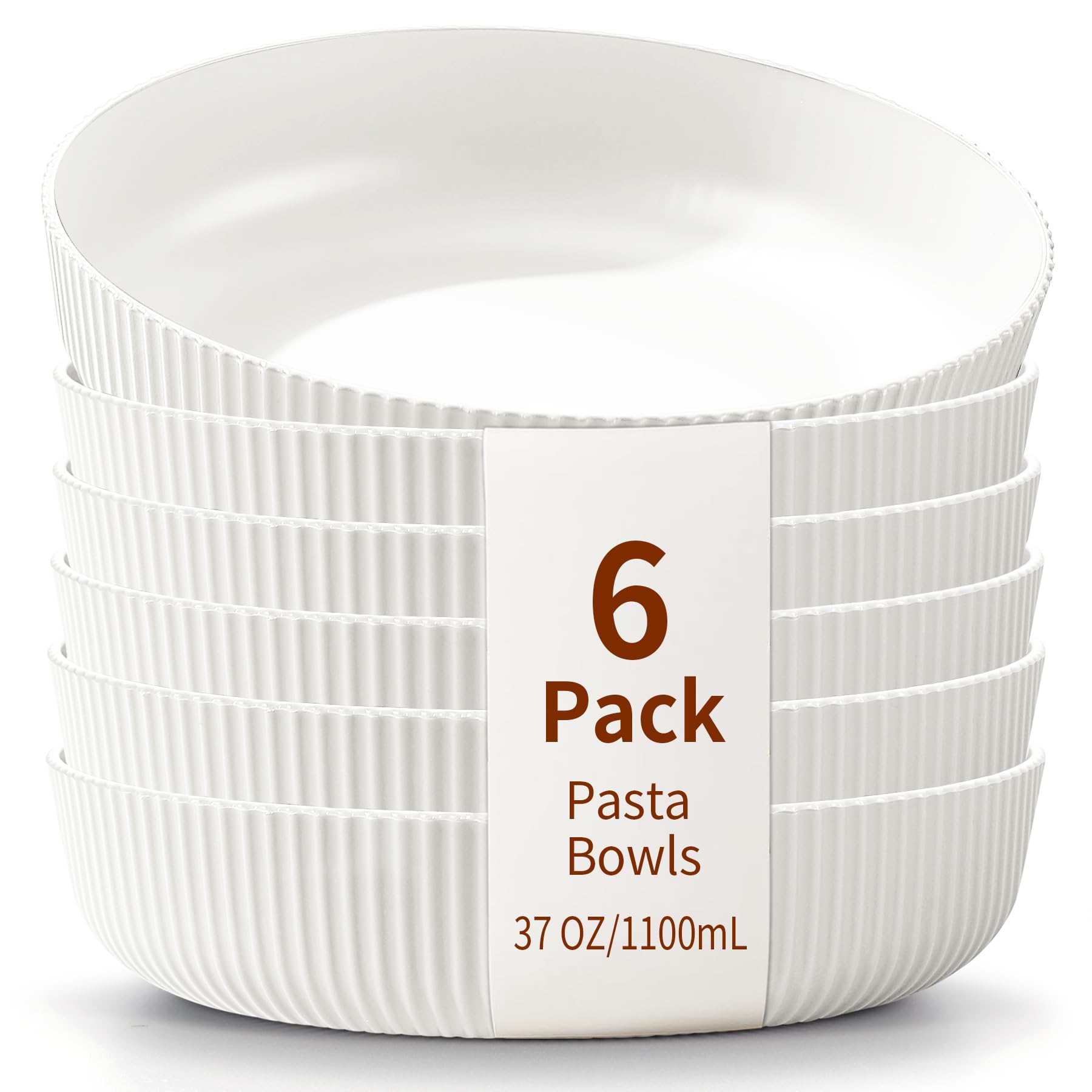 HOMQUEN Pasta Bowls Set of 6, 37oz Salad Bowls White Soup Bowls, Large Pasta Serving Bowls, Unbreakable Plastic Dinner Bowls, Dinnerware Sets,Valentines Day Gift, Dishwasher Safe (White)