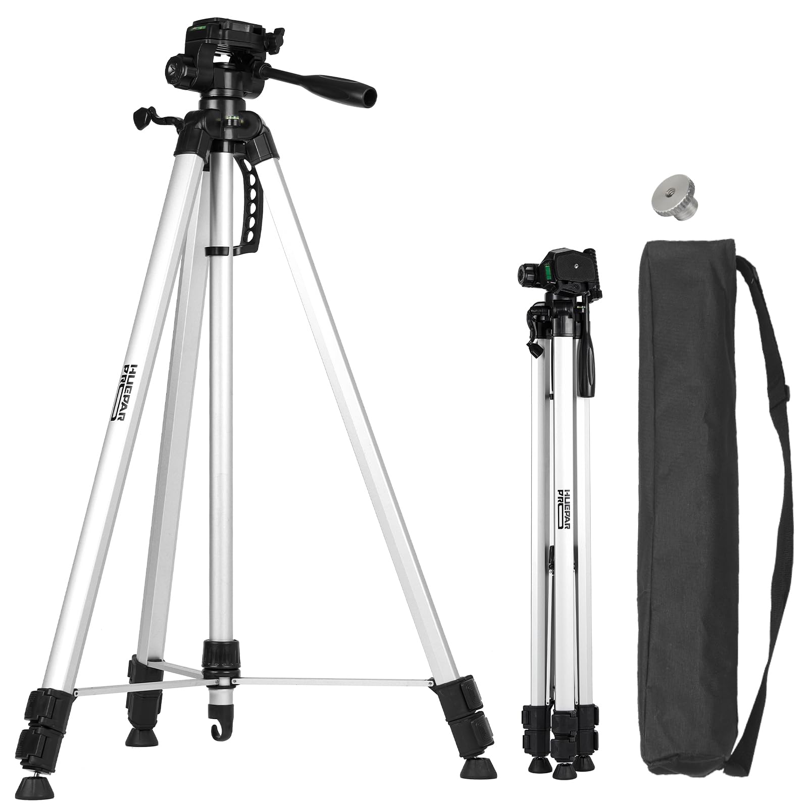 Huepar Pro Trépied de niveau laser (Hauteur: 83-230cm, Filetage: 1/4" et adaptateur écrou 5/8") avec tête pivotante à 3 voies, poignée portable, niveau à bulle, plaque de dégagement rapide-TP230
