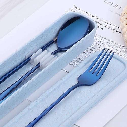 Miniatura 7 de Cubiertos de viaje portátiles, 3piezas, cuchara, tenedor, palillos, acero inoxidable 1810, con estuche y bolsa para la escuela, el trabajo, la