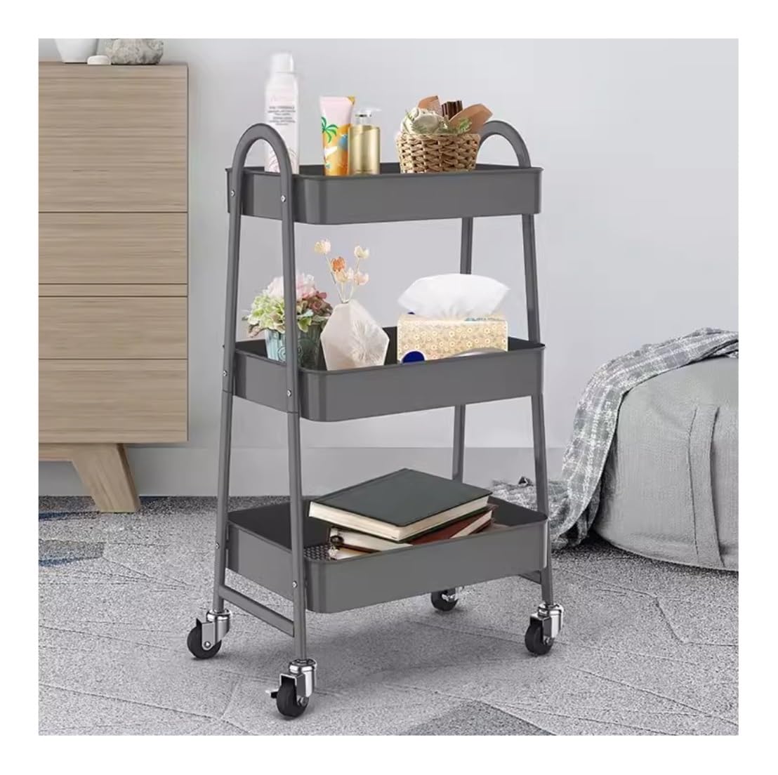 Carrello Cucina Carrello Portaoggetti da Cucina A 3 Ripiani, Carrello Portaoggetti in Metallo, Carrello Portaoggetti con Ruote per Bagno E Ufficio Carrello Portaoggetti Carrellino(Grey)