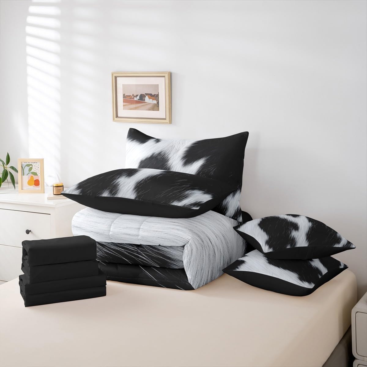 Erosebridal Cow Print 7 Piece Bedding Set King Size White Black Cowhide Bed in A Bag Western Cowboy Rustic Comforter with Sheets Farmhouse Animal Hair Skin Bed Sets