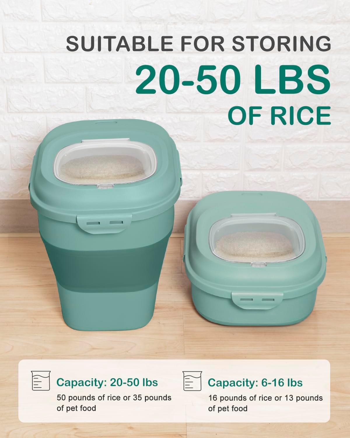 20-50 Lbs Food Storage Containers,Collapsible Rice Container with Wheel Airtight Locking Lid,Flour Storage Container with Small Food Jar and Scoop,Suitable for Food,Rice,Pet Food,Flour - Image 2