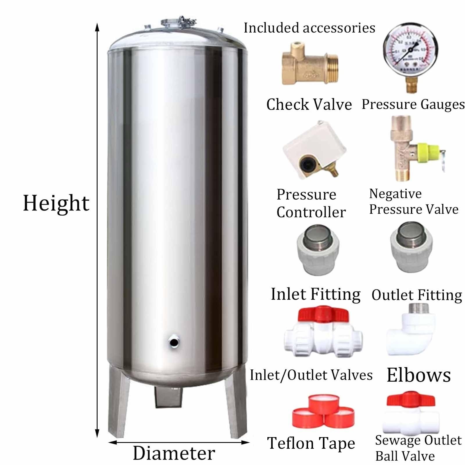 Tanque de almacenamiento de agua a presión — 16-185 galones — de acero inoxidable 304, para sistemas de agua, hogar, granjas, baños, jardines y cocinas(95x40cm(100L/26GaL))