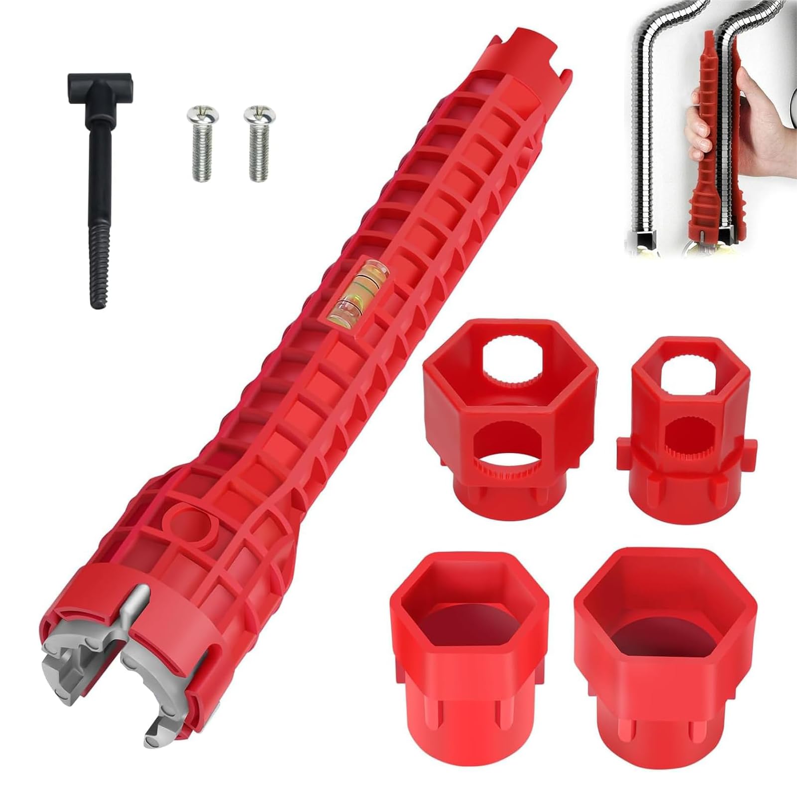 Llave de grifo, llave de tuerca de pie, llave de montaje para asiento de inodoro, instalación de fregadero Faucet, herramienta 14 en 1 para espacios estrechos, llave de fontanero para lavabo e inodoro