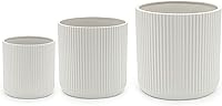 Amazon Basics Fluted Ceramic Planters Set of 3 (6", 8", 10") - White Modern Indoor Outdoor Succulent Pots with Drainage Holes