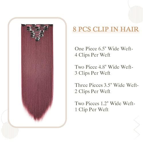 Miniatura 10 de Benehair Extensiones de cabello con clip, 8 piezas de 26 pulgadas, extensiones de cabello sintético lacio largo color rosa claro, extensiones de