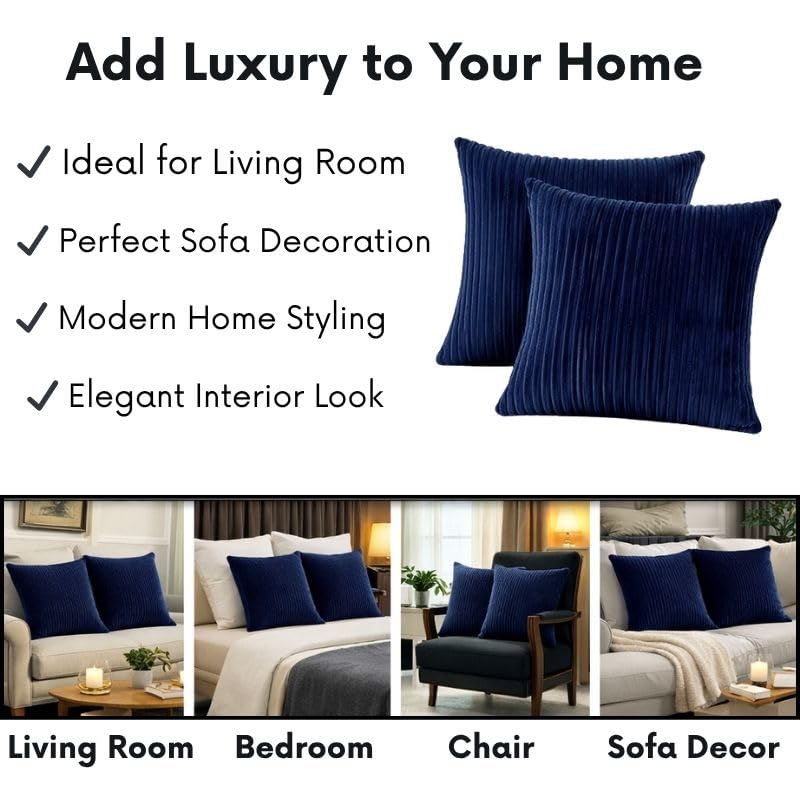 Image of RD TREND Cushion Cover Set of 2, Decorative Sofa Living Room Home Square Cushion Covers 16 Inch x 16 Inch, Aesthetic Corduroy Striped Double Sided (Navy Blue)