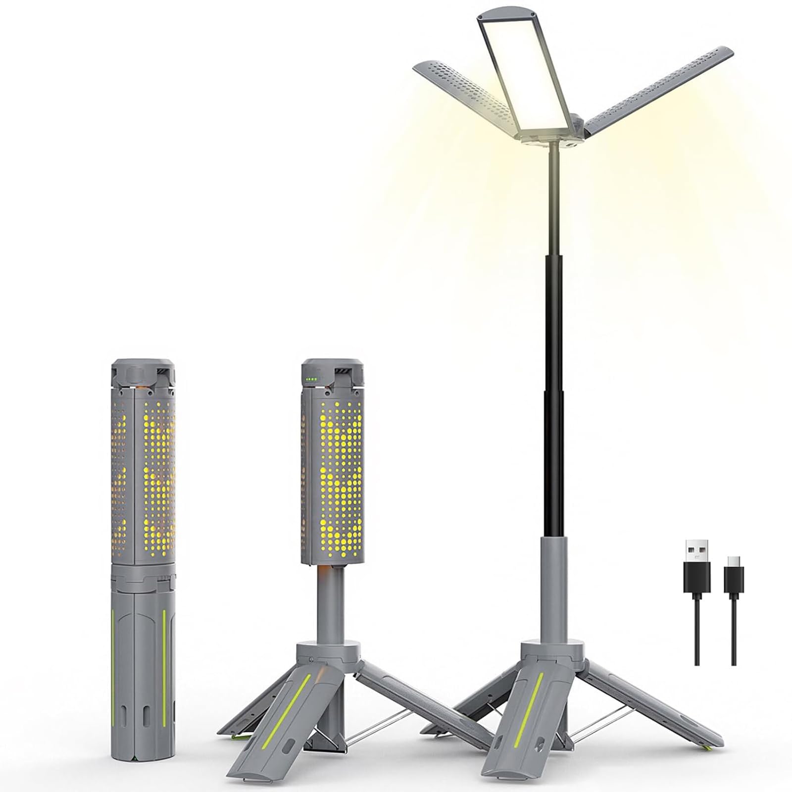 zenggp Rechargeable Telescopic Camping Lights, Waterproof Portable Tent Lamp For Outdoor Emergency Hiking, Dimmable Camping Lantern, 3 Adjustable Heads And 5 Modes, Work Light With Stand