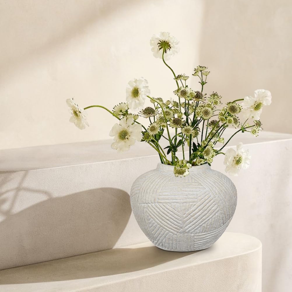 5" Rustic Ceramic Vase for Flowers with Linear Sculpture, Round Terracotta Vase in Retro Farmhouse Style, Small Pottery Vase for Home Living Room, Shelf & Table Decor, Cream White - Image 5
