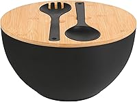 Vista 13 de Ensaladera de fibra de bambú con servidores, grande, 9.8 pulgadas, tazón de mezcla de bambú natural con servidores con tapa, cuchara y tenedor
