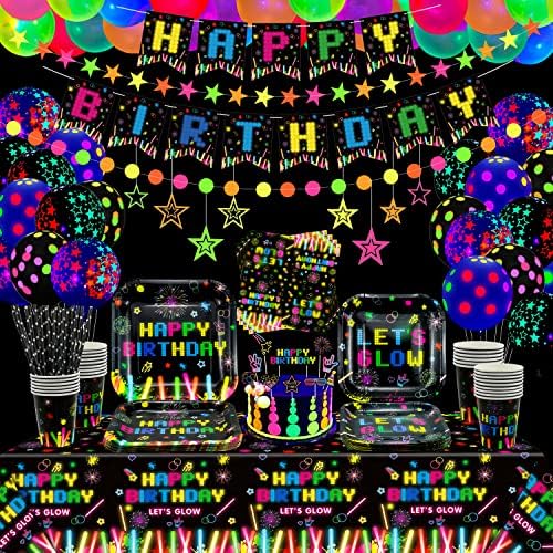 181 PCS Glow Neon Party Supplies Neon Glow Tableware Set Neon Balloon Glow in the Dark Birthday Banner Hanging Swirl Cake Toppers for Blacklight Party Decoration Serves 20
