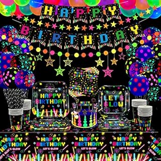181 PCS Glow Neon Party Supplies Neon Glow Tableware Set Neon Balloon Glow in the Dark Birthday Banner Hanging Swirl Cake Toppers for Blacklight Party Decoration Serves 20