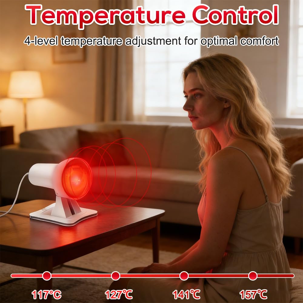 Rotlichtlampe Infrarotlampe 150W, Rotlichtlampe Wärmelampe Mit 3 Stufen Timer, Einstellbarer Temperatur & Einstellbarer Winkel, Rotlicht Infrarot Lampe für entspannende Muskelermüdung (Weiß)