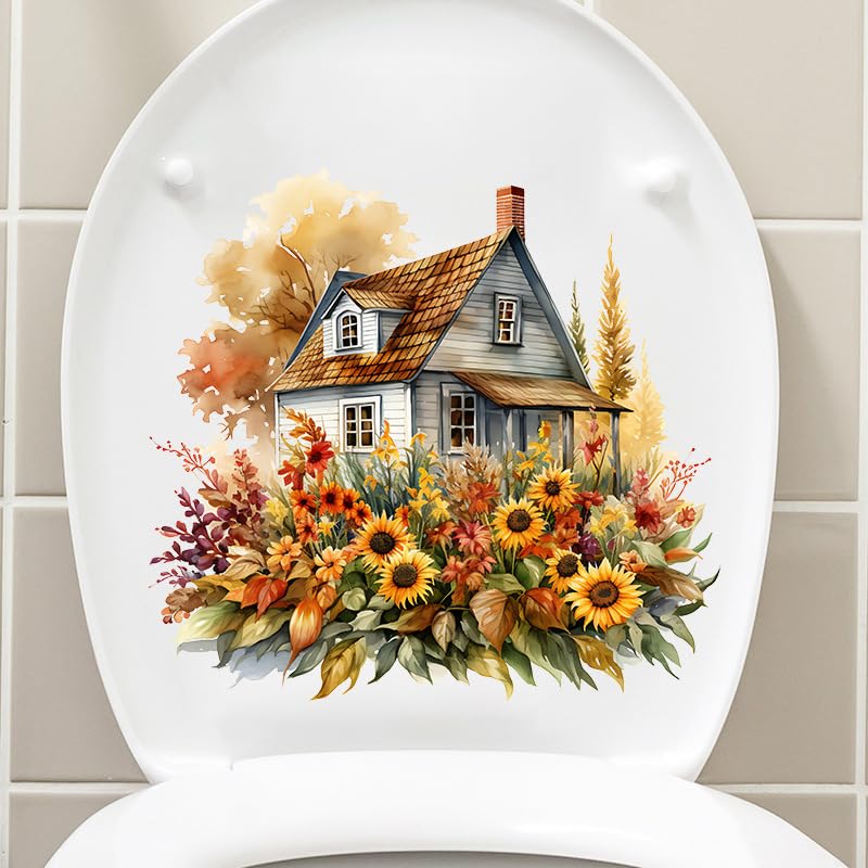 Valentine's Flower Toilet Cover Sticker Decals,Spring Sunflower Leaf Waterproof Toilet Lid Tank Seat Decals Cistern Self-Adhesive Bathroom Wall Sticker