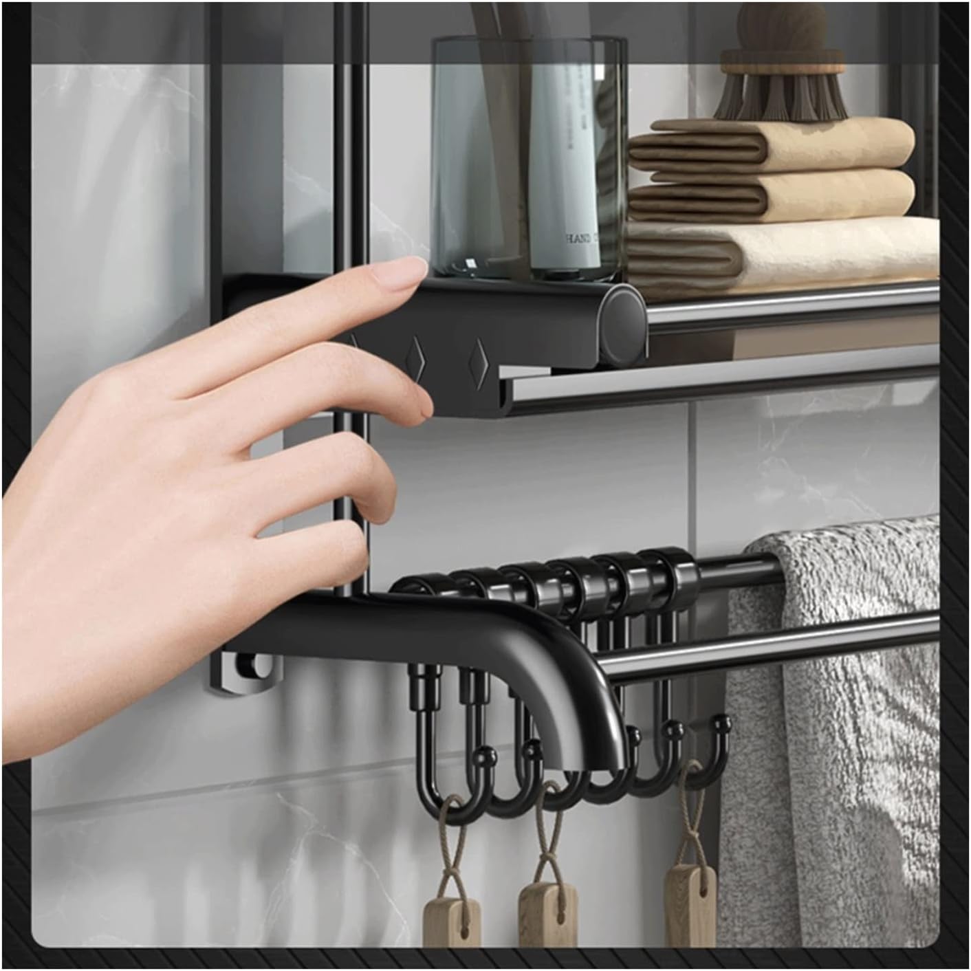 シャワーキャディ収納ラック トイレ洗面台 単層メタルシンプル収納ラック キッチンカウンタートップメタル収納ラック フックとタオルラッ